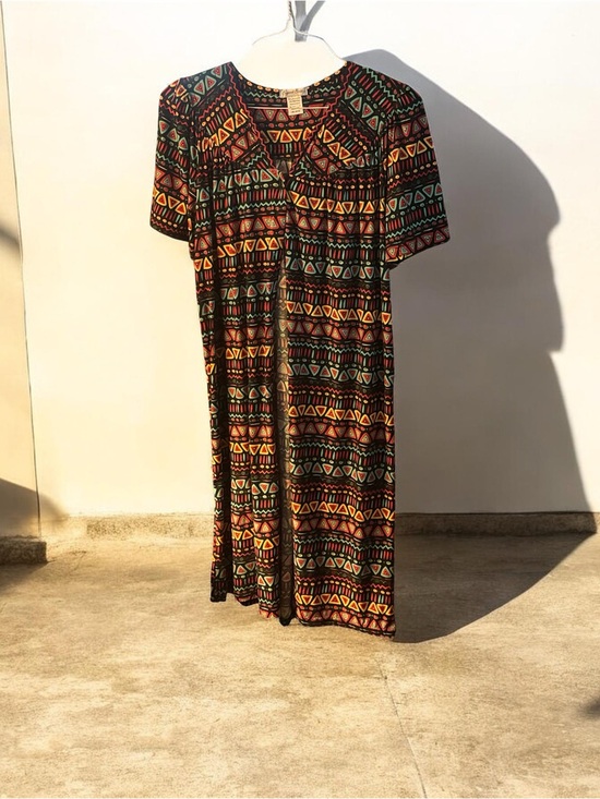 Elegant Emily Accessories - Tribal Print Long Duster in Black with Multicolor Pattern